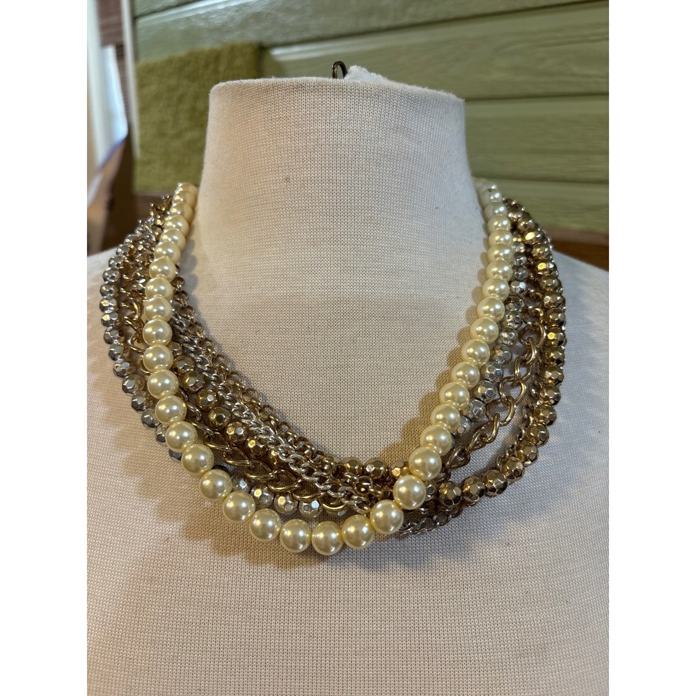 Multi Strand Faux Pearl Mixed Metal Chain Statement Bib Necklace Gold Silver Ton